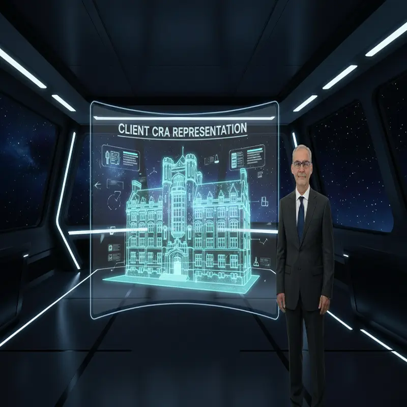 Jan Svarc of JFS Bookkeeping presenting a futuristic hologram that says "CLIENT CRA REPRESENTATION" and shows a blueprint of a government building, representing CRA audit support.