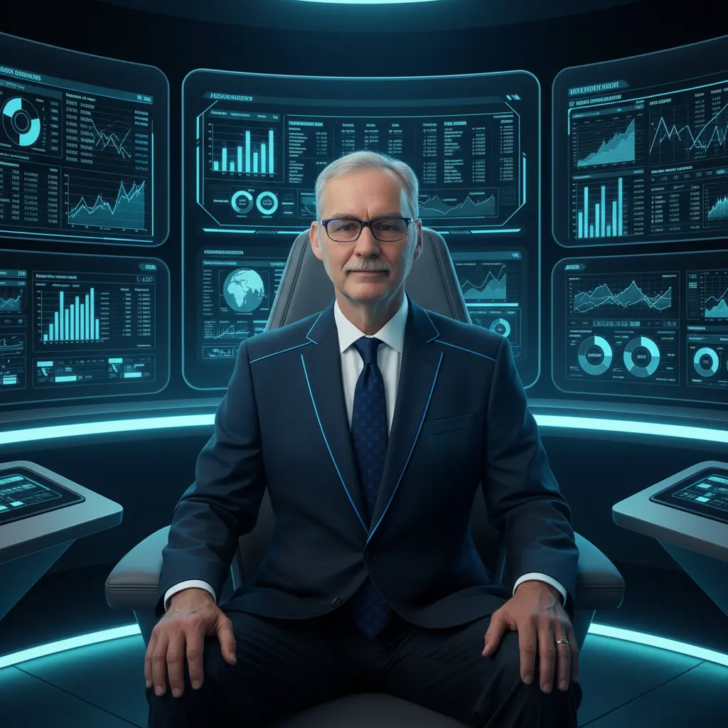 Jan Svarc, founder of JFS Bookkeeping, in a high-tech command center, representing his role as a modern financial architect.
